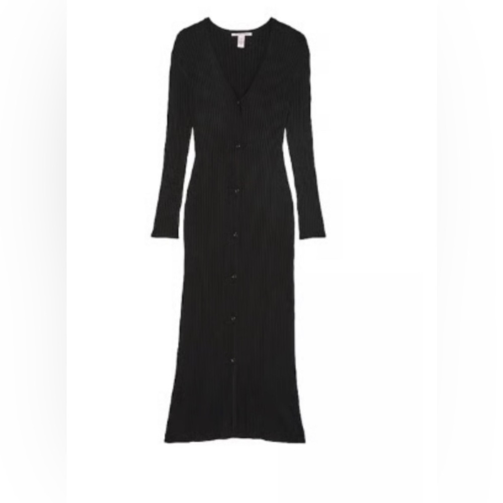 Victoria's Secret Black Ribbed Button-Front Long Sleeve Midi Dress - Picture 3 of 9